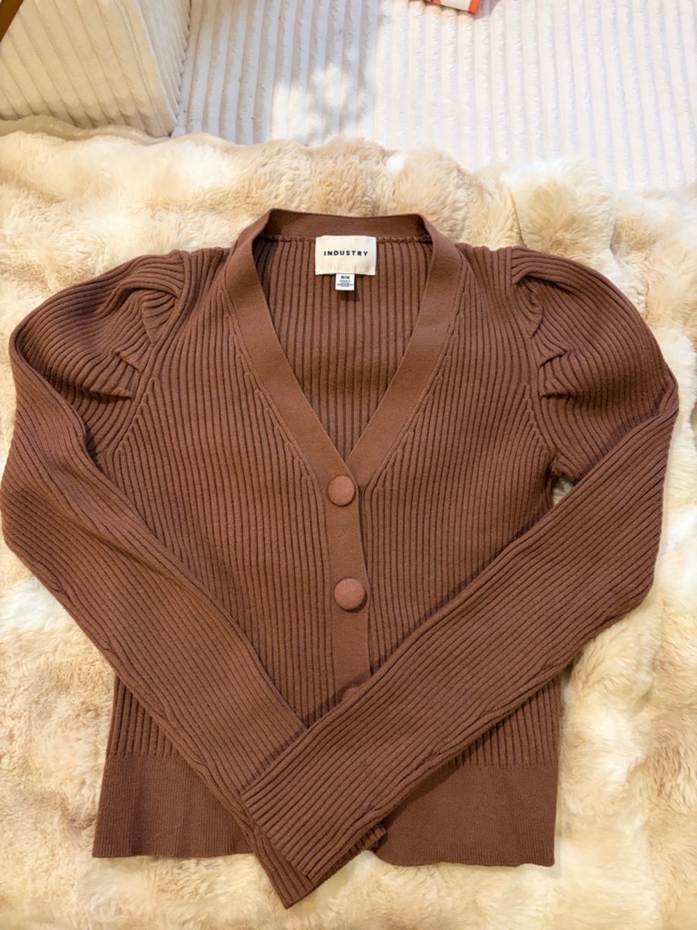 INDUSTRY Brown Ribbed Puff-Sleeve Cardigan size medium